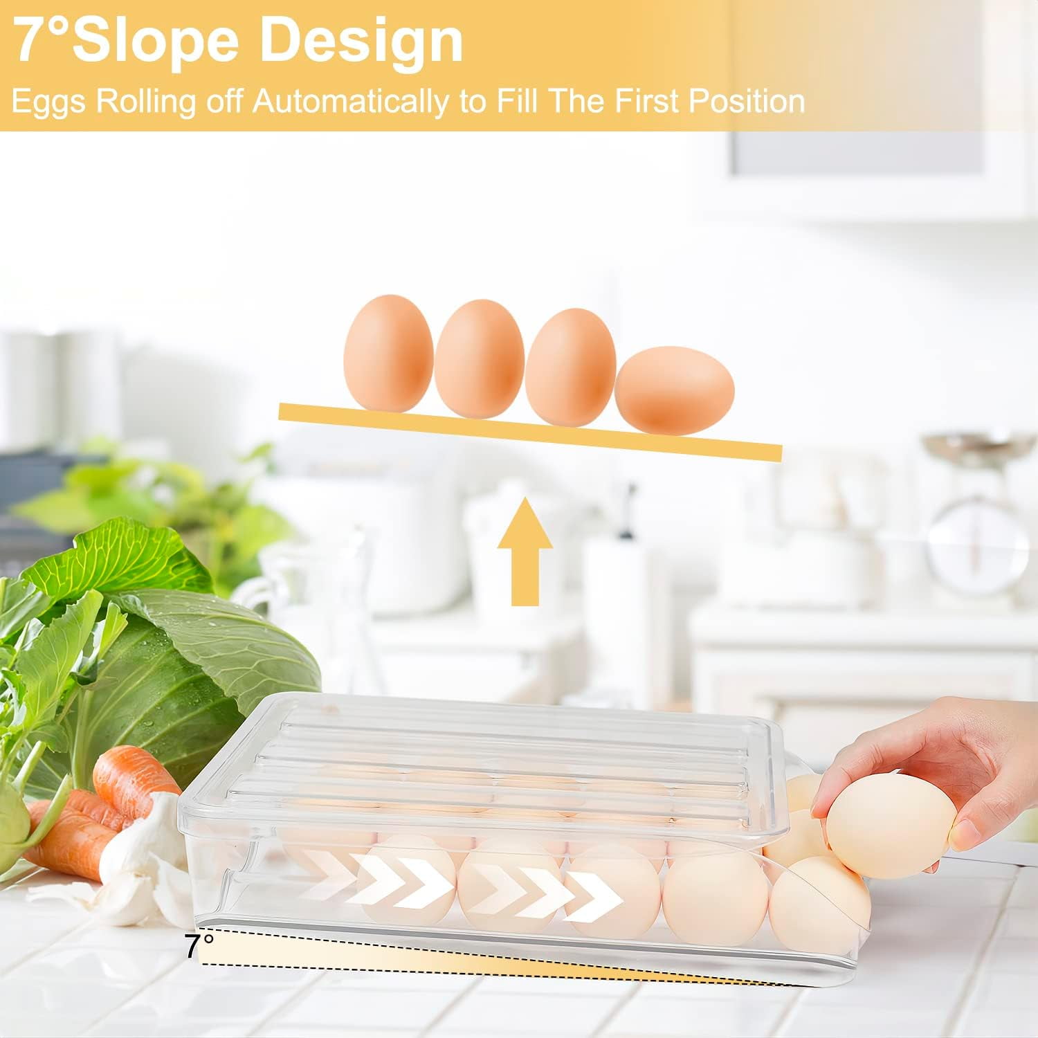 Auto Rolling Storage Container 18 Egg Tray with Lid Clear Plastic Egg Dispenser Egg Tray and Bin -1 Layer