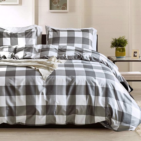 2 Pcs Twin Duvet Covers, Buffalo Checked Bedding Set, Black Gray White Plaid Down Comforter Cover, Modern Style Quilt Cover, 100% Ultra Microfiber, 1 Duvet Cover and 1 Pillow Sham