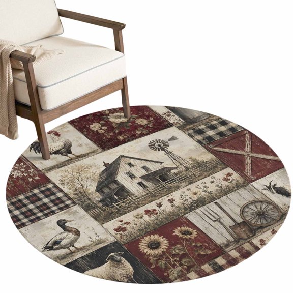 Farm Patchwork Washable Round Area Rug 5 ft, Country Farmhouse Duck Sheep Rooster Flowers Gingham Soft Non‑Slip Rugs Stain Repellent Indoor Mats for Living‑Room Corner, Breakfast Nook, Sunroom