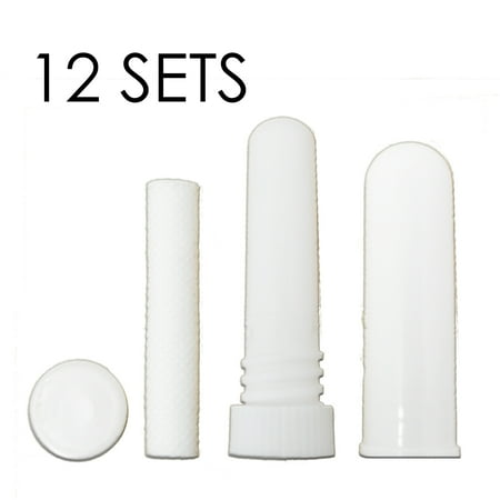Earth Solutions Essential Oils Inhaler - BioRx Sponix Essential Oil Aromatherapy Blank Nasal Inhaler Tubes - Empty Vapor Inhaler with Wicks - White - 12 Complete Sets (Tube, Cover, Bottom Seal, Wick)
