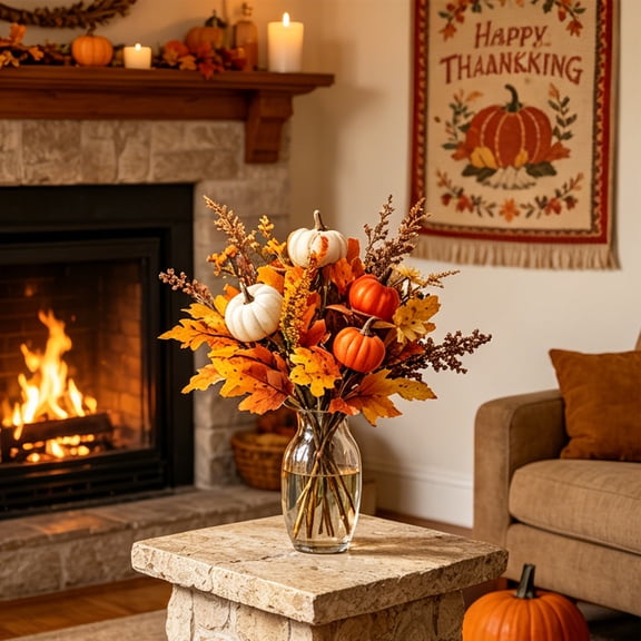 Artificial Pumpkin and Maple Leaf Floral Arrangement – Lifelike Fall Home Decor for Holidays and Seasonal Interior Styling