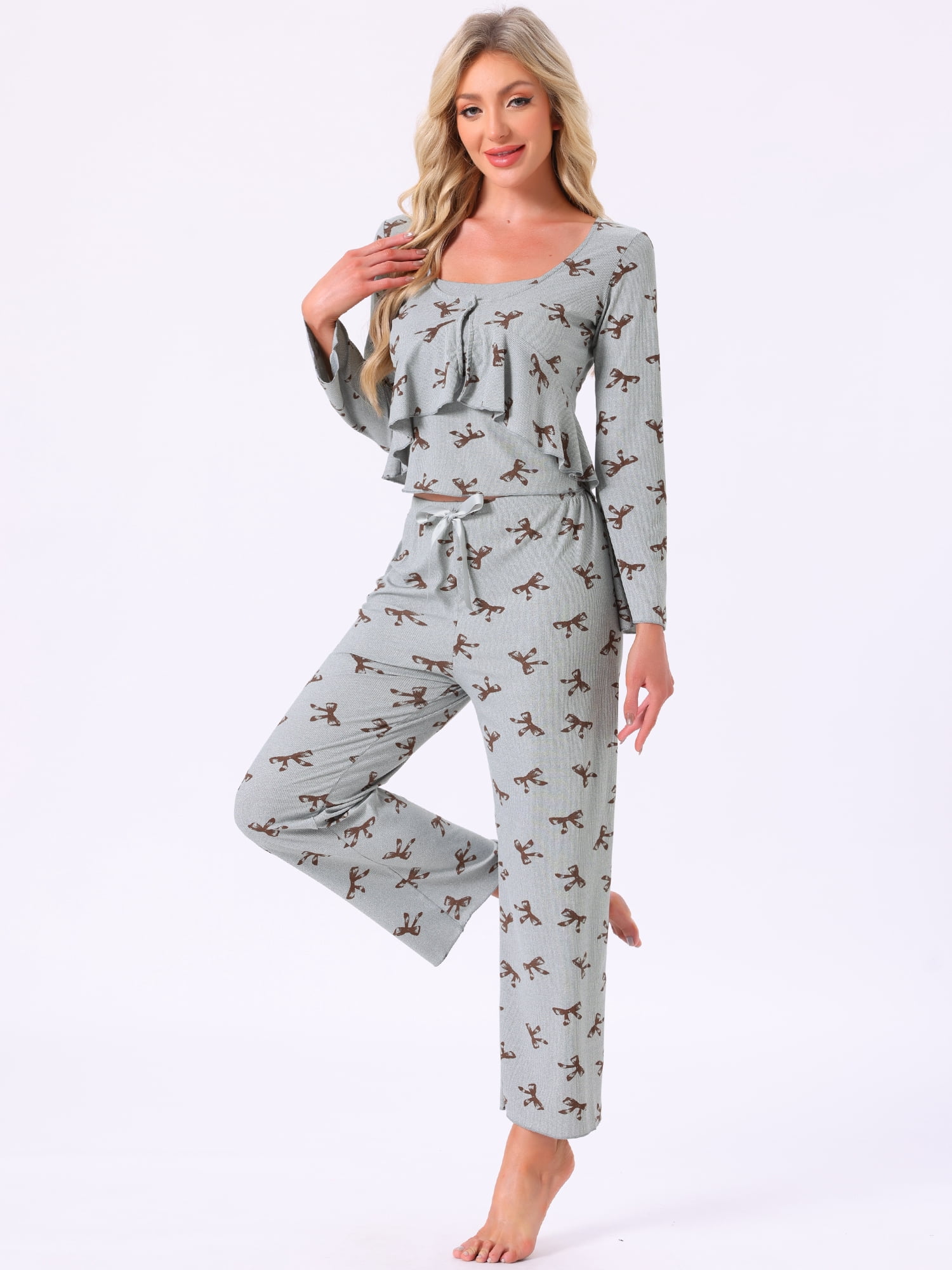 DARING DIVA Women's Cami Pajama Set Tank Top Long Pants Long Sleeve Cardigan XL Grey