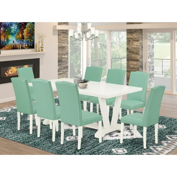 East West Furniture 9 Piece Kitchen Table Set Includes a Linen White Wooden Dining Table and 8 Pond PU Leather Dining Room Chairs with High Back - Wire Brushed Linen White Finish