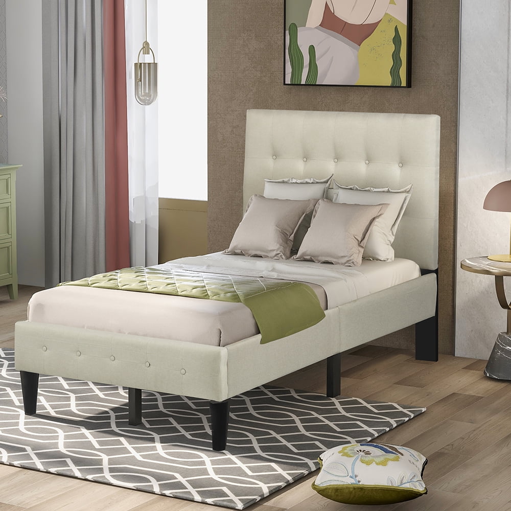 Kepooman Twin Size Upholstered Platform Bed Frame with Headboard, 79.7"L x 40.9"W x 49.2"H, Beige Kepooman Twin Size Upholstered Platform Bed Frame with Headboard, 79.7"L x 40.9"W x 49.2"H, Beige