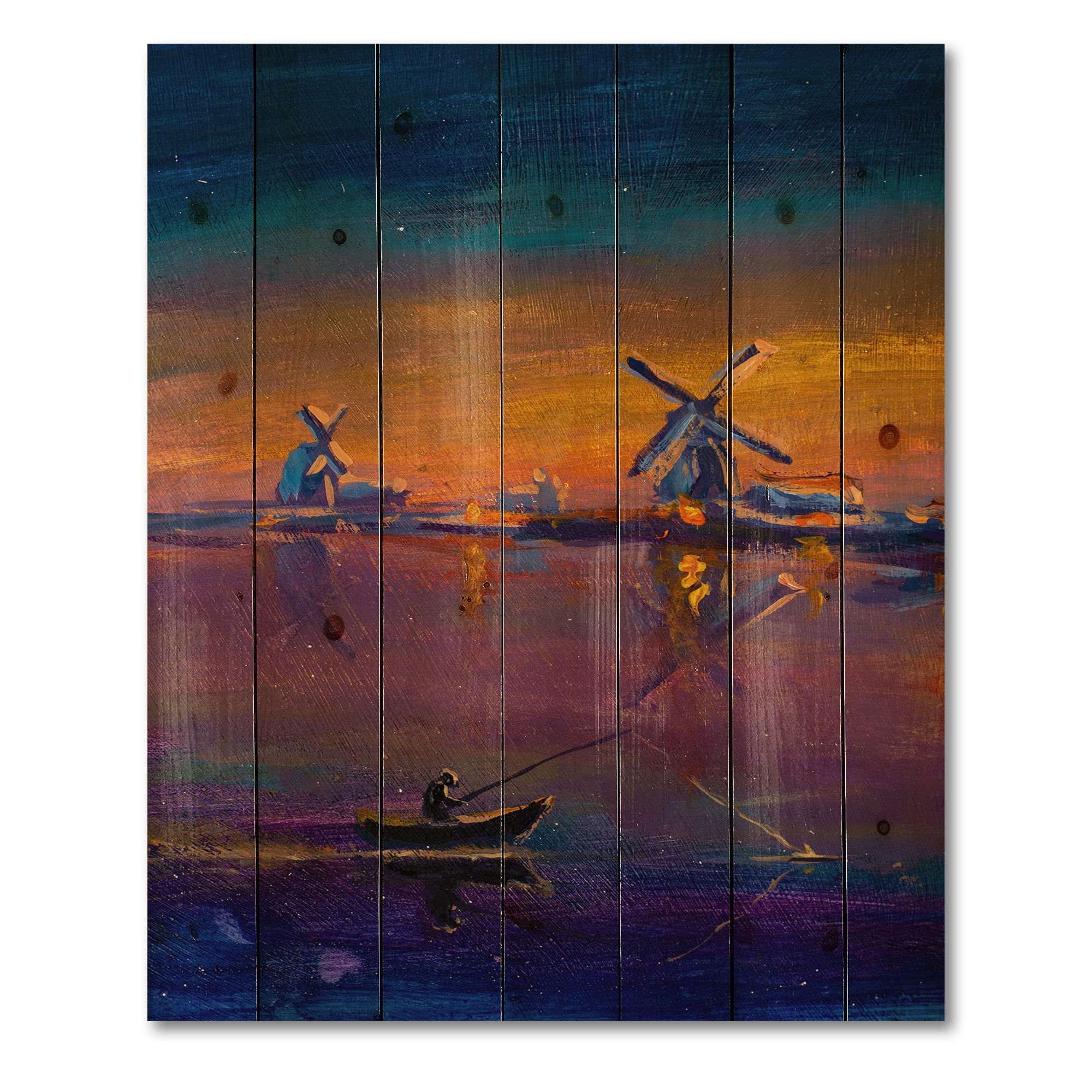 Designart 'Evening Fishing Near The Traditional Windmill' Nautical & Coastal Print on Natural Pine Wood