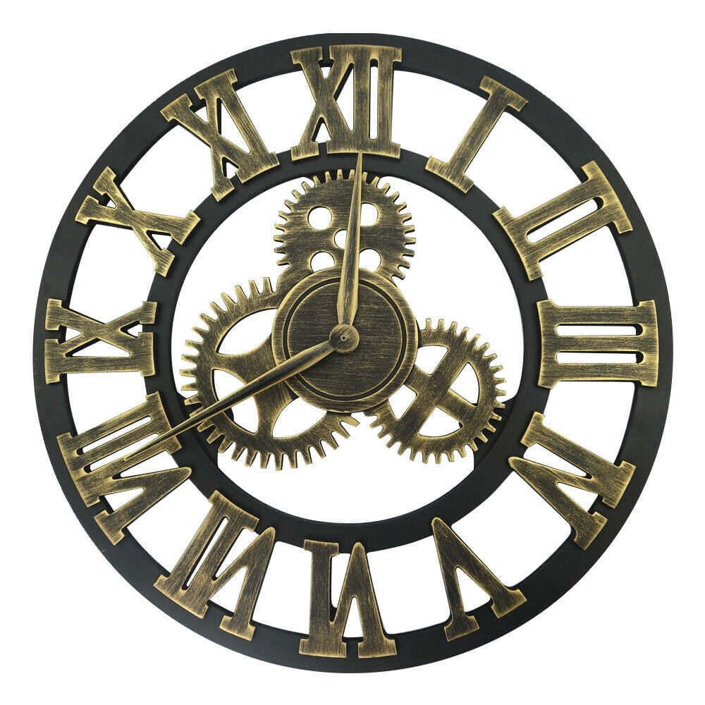 12/16 Inch Large Vintage Wooden Wall Clock Steampunk 3D Gear Retro