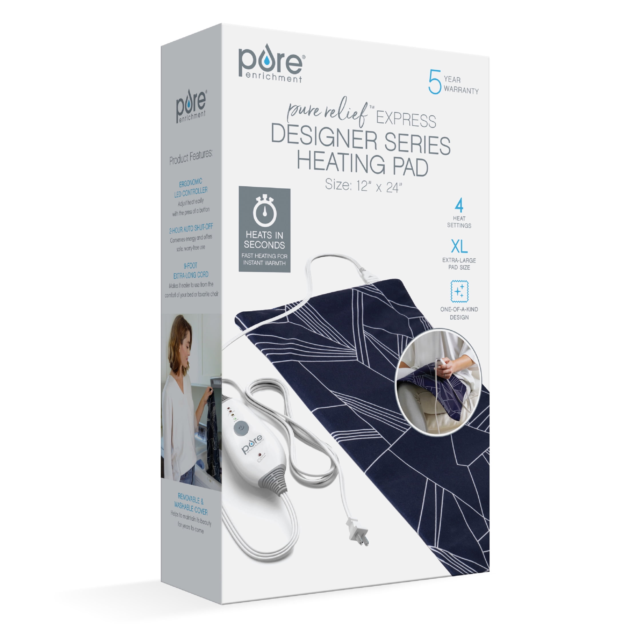 Pure Enrichment PurePureRelief Express Designer Series Electric Heating Pad - 12” x 24” Fast-Heating with 4 Heat Settings, Machine-Washable Fabric, & 2-Hour Auto Safety Shut-Off - Navy Graphic