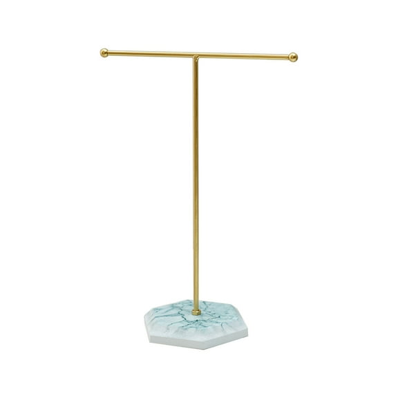 A Modern Jewelry Stand T Shape Metal Display Rack With Stone Base For Organizing Necklaces Bracelets Earrings Bedroom Dressing Table Decoration Space Saving Elegant Design