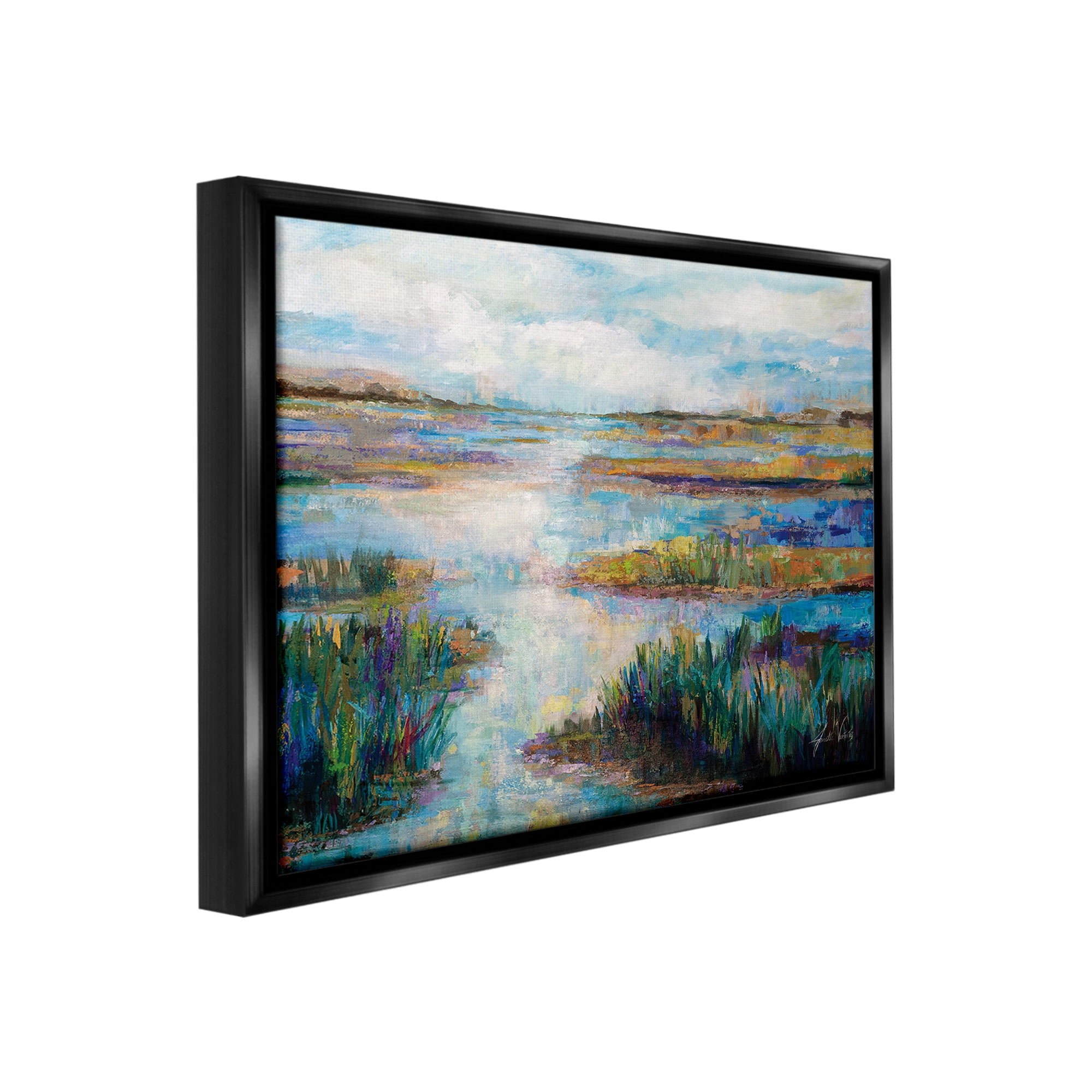 Stupell Industries Modern River Scenery Landscape Painting Black Floater Framed Canvas Art Print Wall Art, 31 x 25