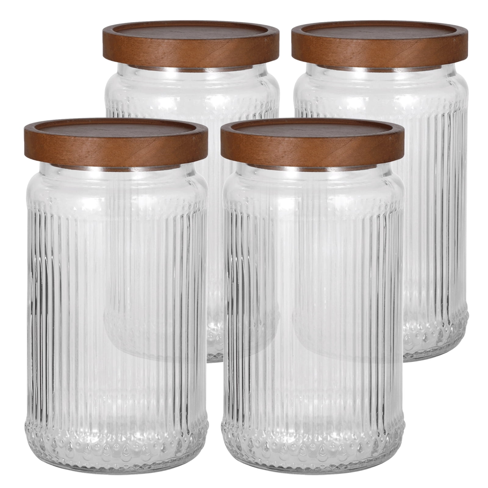 4 Pcs Ribbed Glass Jars with Lids, 32 oz Large Storage Canisters with Airtight Wooden Lids, Vintage Clear Food Storage Containers for Candy, Coffee Beans, Grains, Tea, Sugar