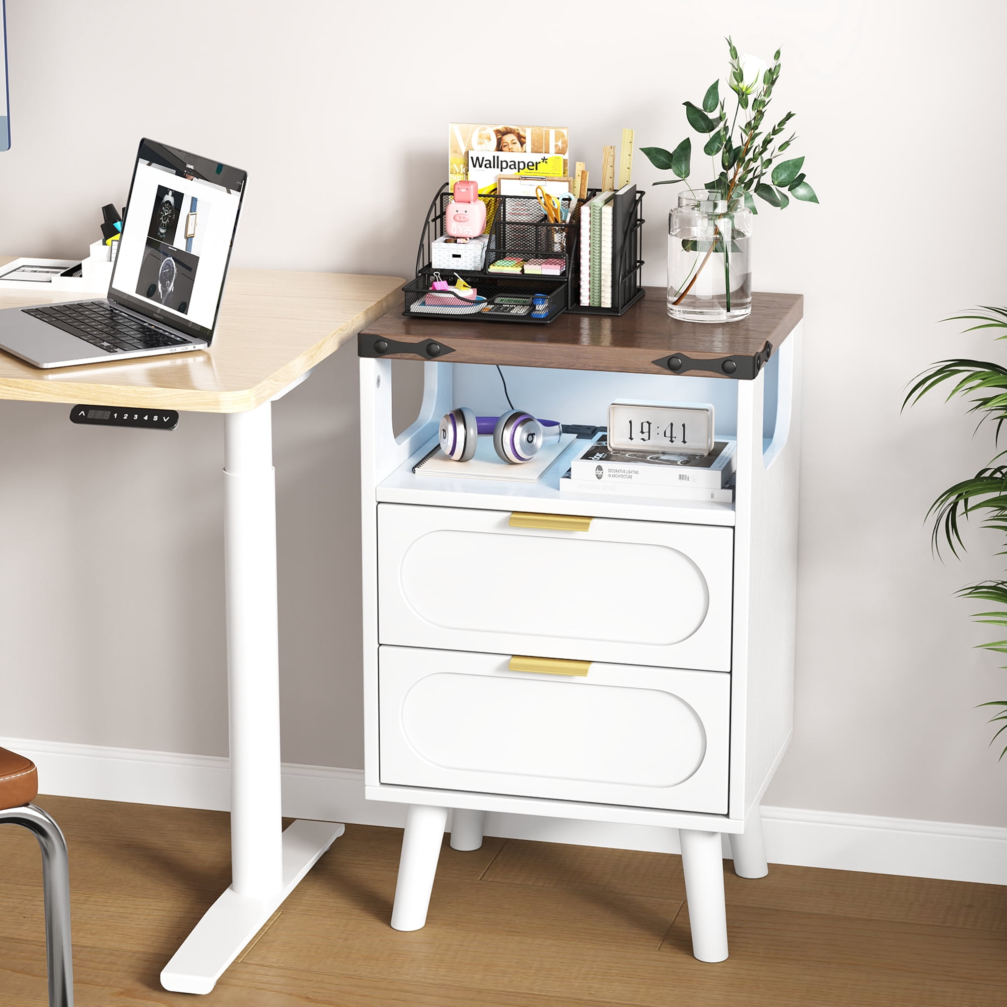 IDEALSOUL Nightstand Set of 2 with Charging Station, Smart Led Nightstand with 2 Drawer, Modern Bedside Table End Side Table Nightstands for Bedroom, Living Room,White