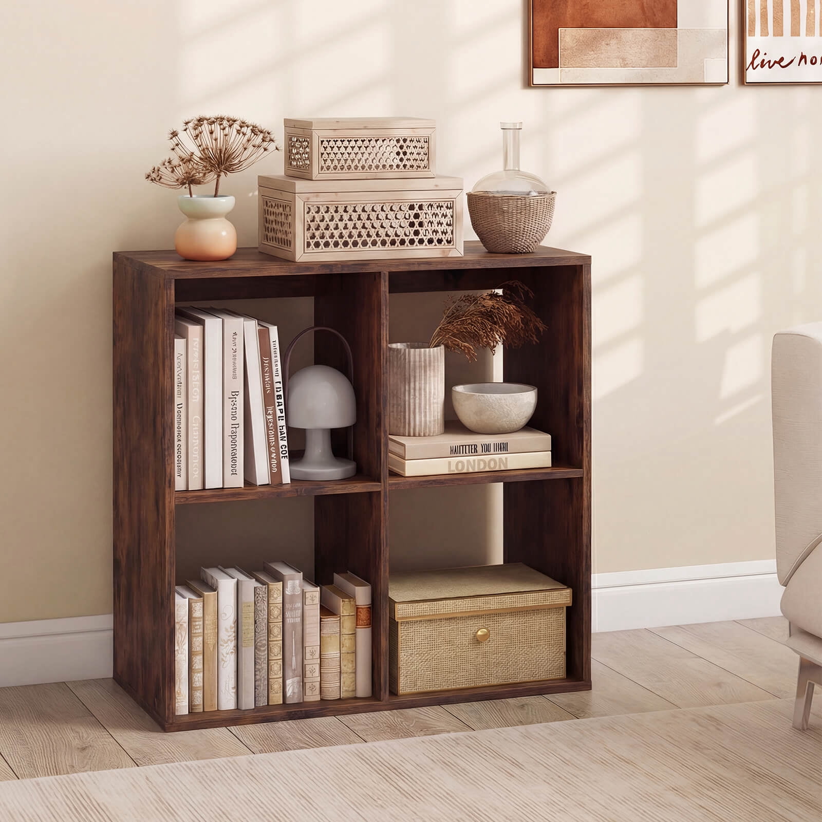 Costway 4-Cube Bookshelf, Modern Cubby Bookcase with Back Guardrail & Anti-tipping Kits Brown