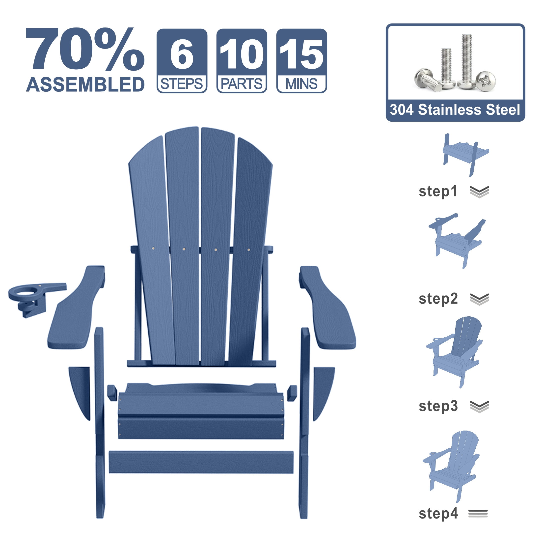 AreShark Adirondack Chair,HDPE All-Weather Patio Chairs Outdoor with Cup Holder, Lawn Chair with Weather Resistant for Outside Deck Lawn Garden, Weight Capacity Up to 380 Lbs –Navy