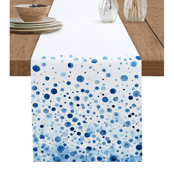 Blue Polka Dot Table Runner Cotton Linen 48 Inch Holiday Dresser Scarves, Modern Art Abstract Watercolor Dot Tablerunner for Kitchen Coffee Dining Bedroom Living Room Dinner Scarf Décor 13''x48''