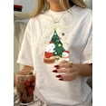thumbnail image 1 of Vintage-Inspired Christmas Tree & Bunny Print T-Shirt for Women - Casual Crew Neck, Short Sleeve Top, Breathable Polyester, Machine Washable, 1 of 6