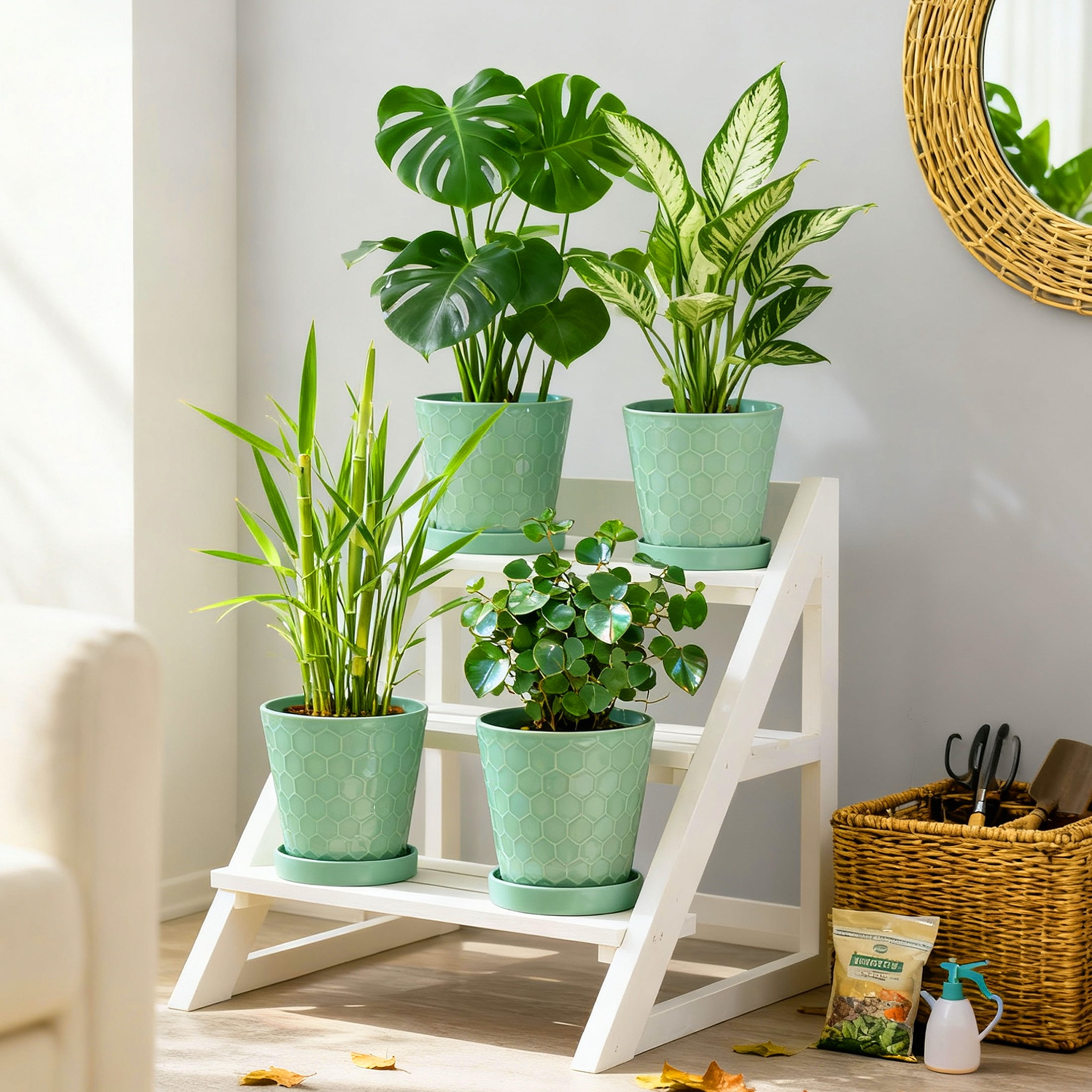 BUYMAX 5" Ceramic plant pots with drainage hole and tray, 4-Pack-1-pattern, gardening home desktop office windowsill decoration， mintgreen flower pots indoor