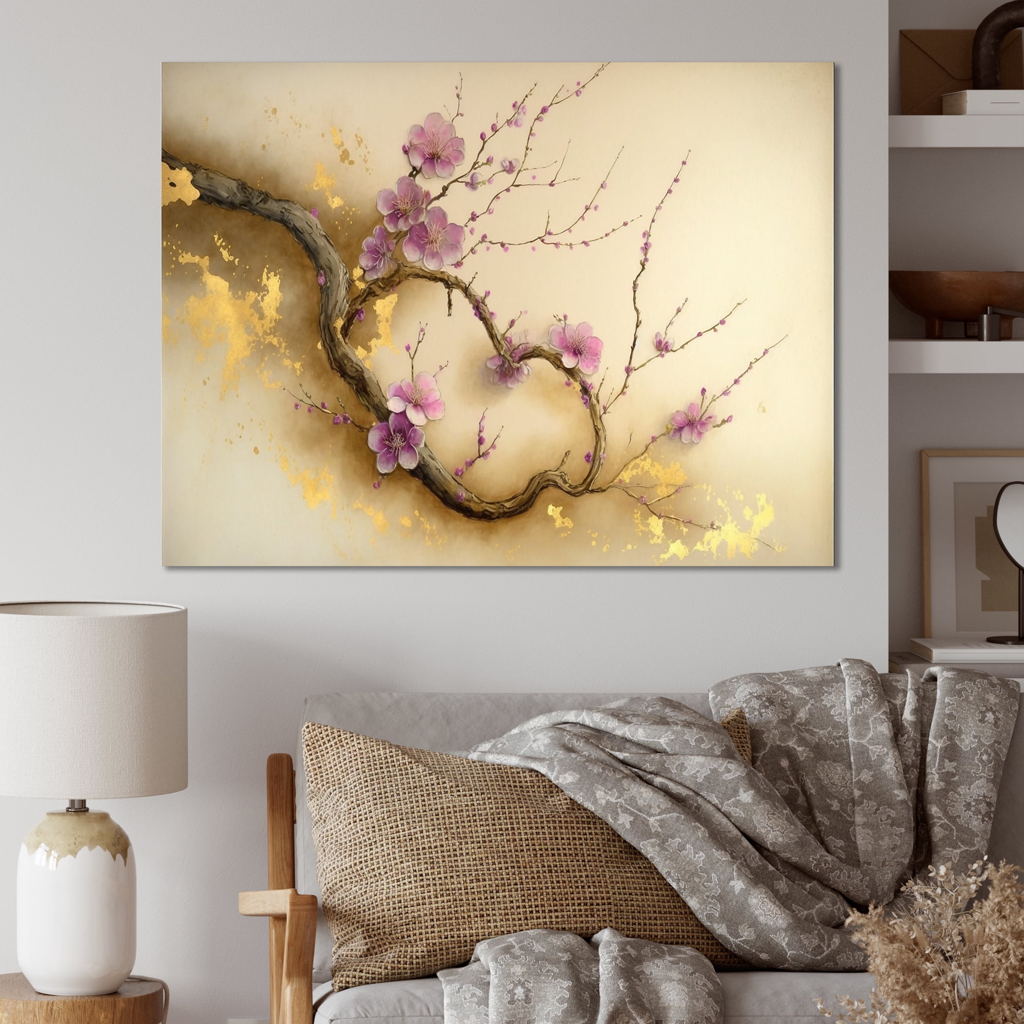 Designart Pink And Plum Cherry Blossom Branch VI Canvas Wall Art