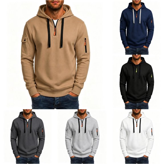 Wuxian Men's Hoodie With Zip Pocket Fall Winter Casual Quarter Zip Pullover Tops Long Sleeve Hooded Sweatshirts