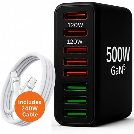 500W GaN USB-C Fast Charging Station – 8-Port Desktop Charger for Laptop, Phone, Tablet – PD 3.0 QC 3.0 – Power Cord Included