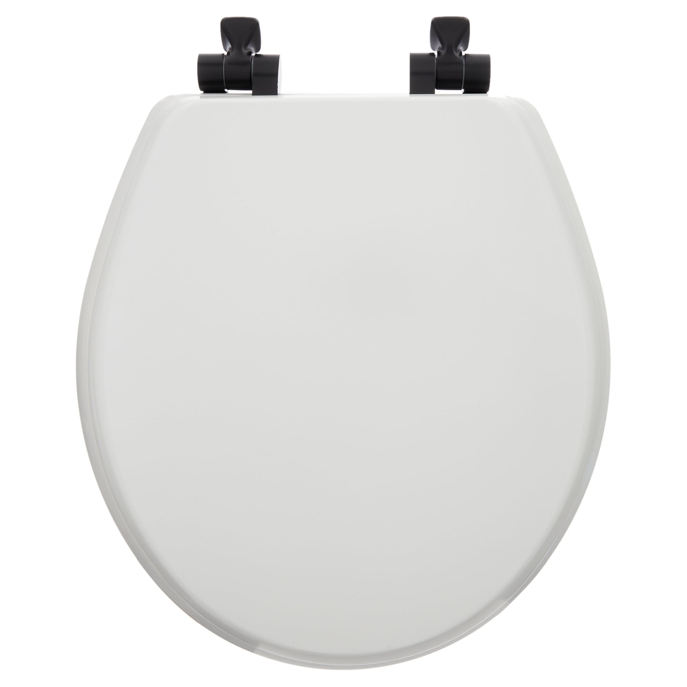Mayfair Benton®Round Enameled Wood Toilet Seat in White Never Loosens and Soft Close Matte Black Hinge