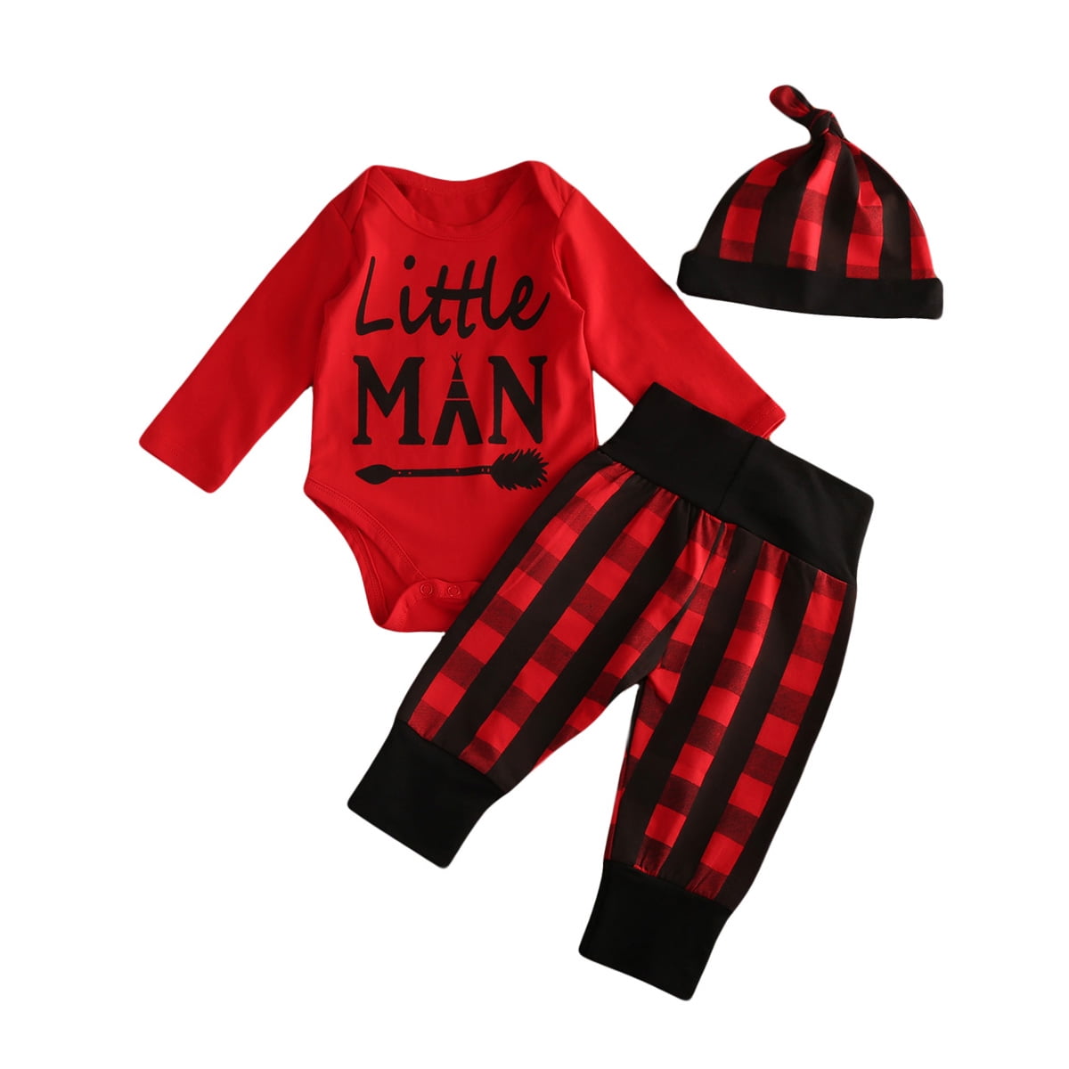 Christmas Baby Boy Outfits Set Newborn Little Man Letter Long Sleeve Romper Bodysuit Long Pant Red Plaid Hat Clothes