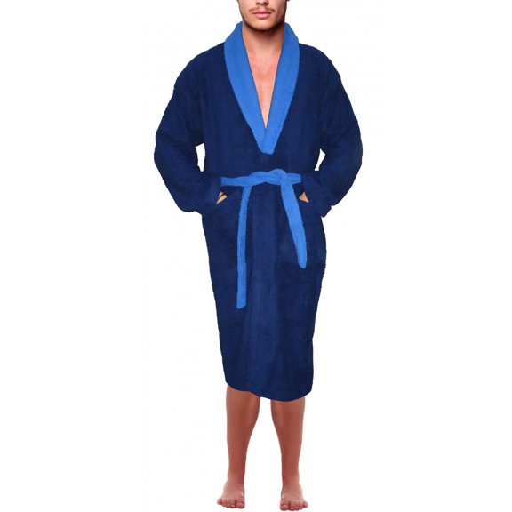 Men?s 100% Terry Cotton Bathrobe Toweling Gown Robe Two tone Navy XL