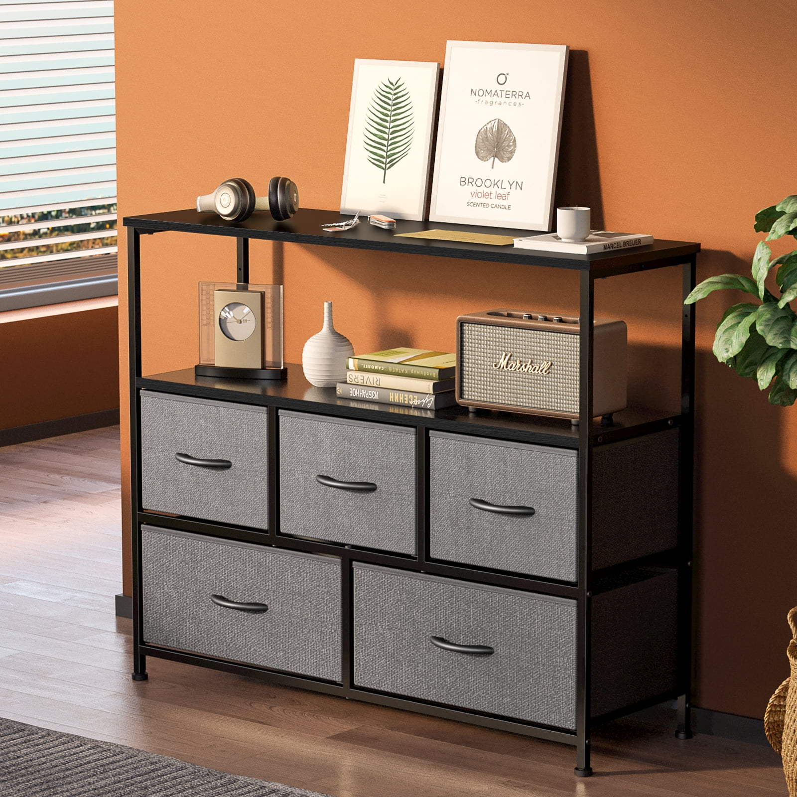Blazezo TV Stand with 5 Fabric Drawers, Modern Dresser for Bedroom Living Room, Wood Entertainment Center for up to 45 inch TV, Storage Organizer Console Table with Shelf for Small Spaces (Gray)