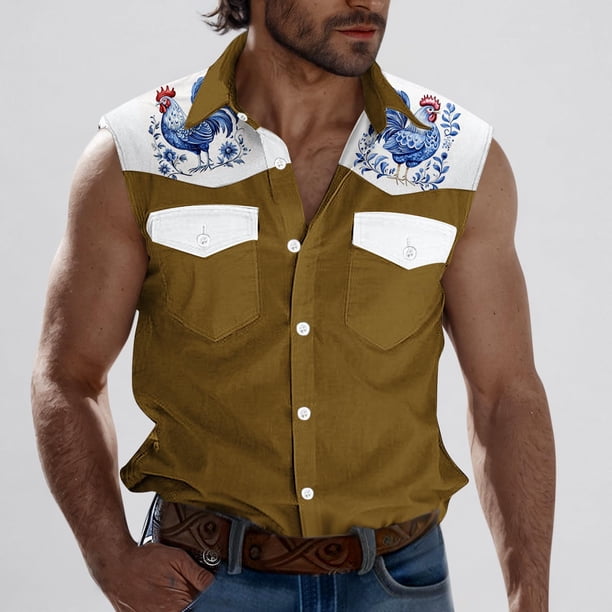 Camiseta sin mangas con cuello vuelto para hombre, estilo informal, a la moda, con estampado, cuello vuelto, sin mangas, bolsillos, deportiva, de poliéster