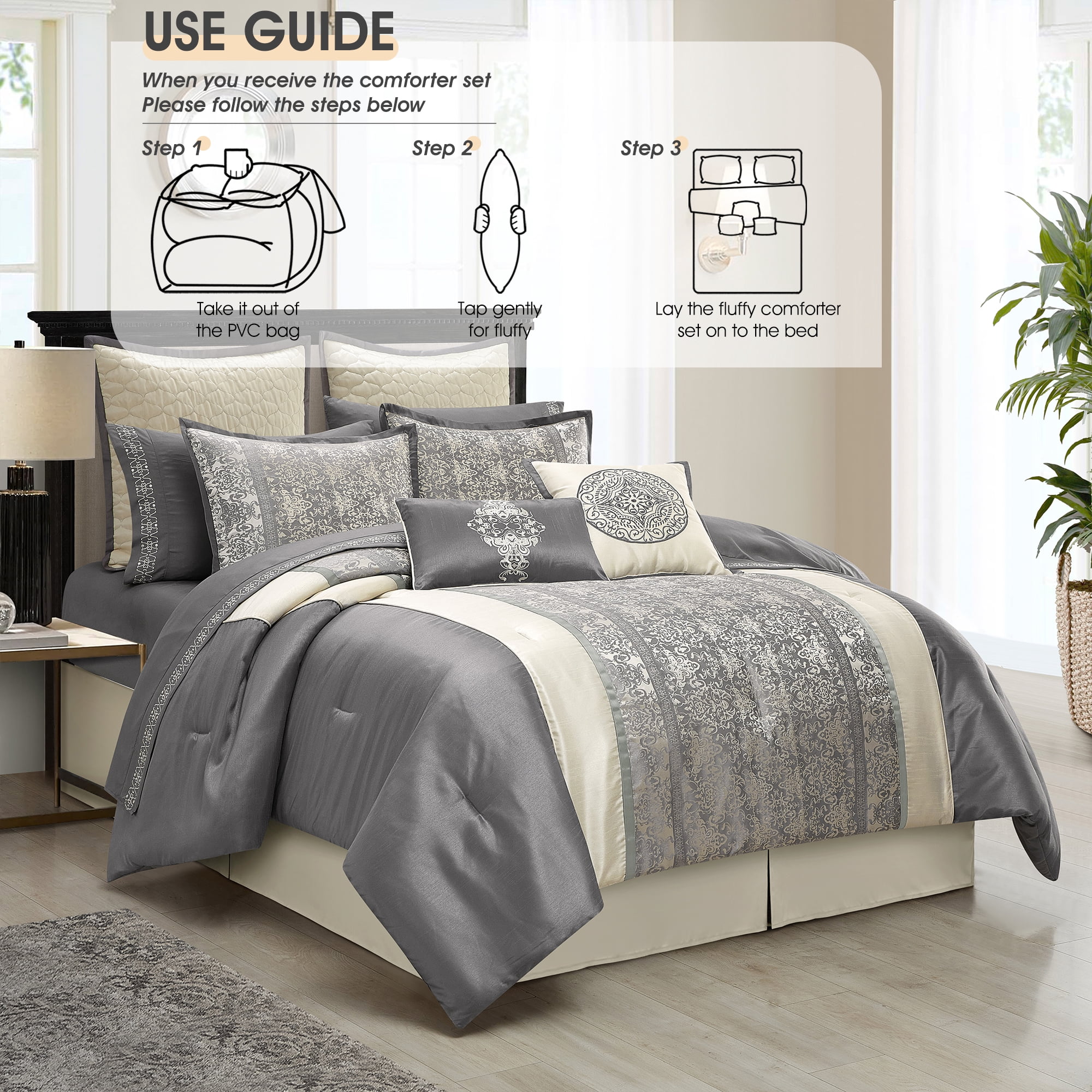 Lanco Silver & Ivory Comforter Set California King Size, Classic Jacquard Bedding Sets, Faux Silk, Premium Microfiber, 12 Pieces Bed in a Bag, Matching Fitted Sheet, Flat Sheet