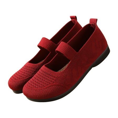 hopeusnice Women s Breathable Mesh Knitted Flat Shoes Comfortable Slip On Walking Shoes Low Heel Elastic Strap Soft Sole Flats Red 35