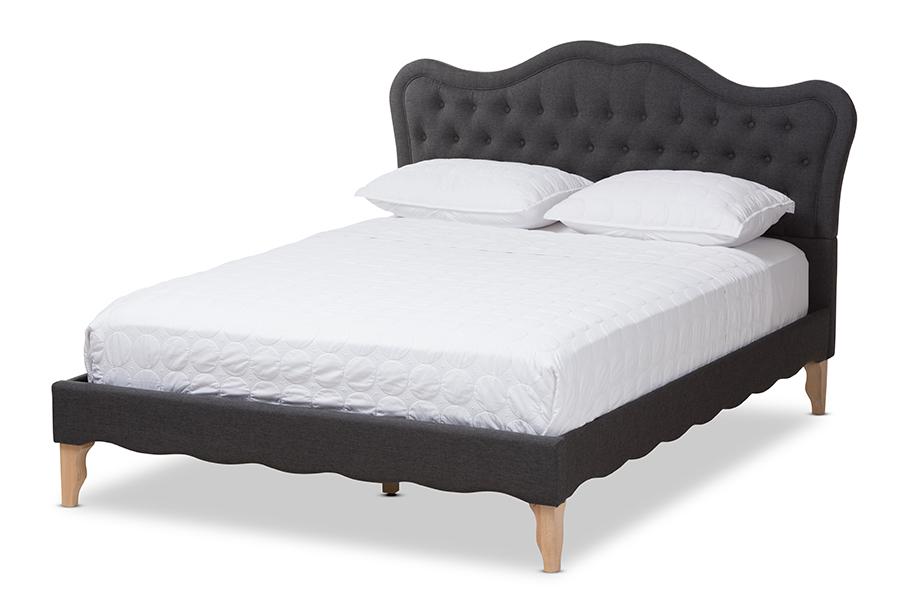 Modern French Queen Platform Bed Fabric Dark Grey 1721
