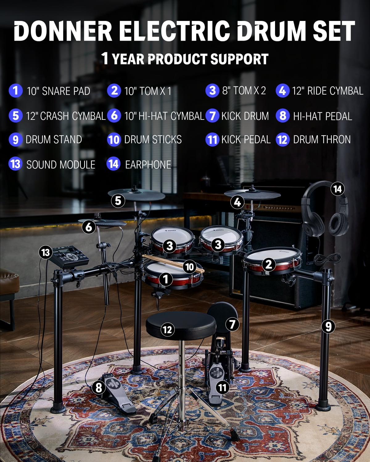Kit de batterie électronique Donner 200 avec 5 tambours 4 cymbales ensemble  de batterie adulte 450 sons 