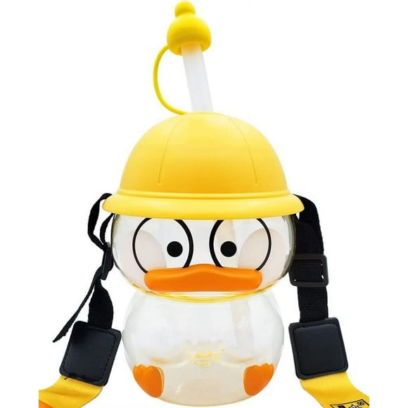 Jinsinto Cute duck water bottle with straw, 3D stickers and adjustable straps