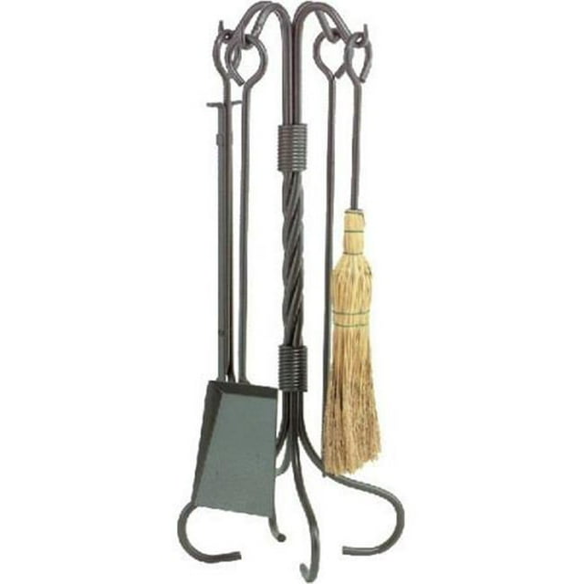 Ensemble d'Outils de Cheminée en Fer Forgé - Balai à Maïs & Support Torsadé, Fer Naturel - 5 Pcs