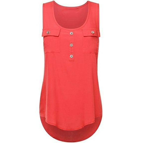 UDIYO Sexy Lady Solid Color Sleeveless Button Pocket Round Neck Irregular Hem Vest Top