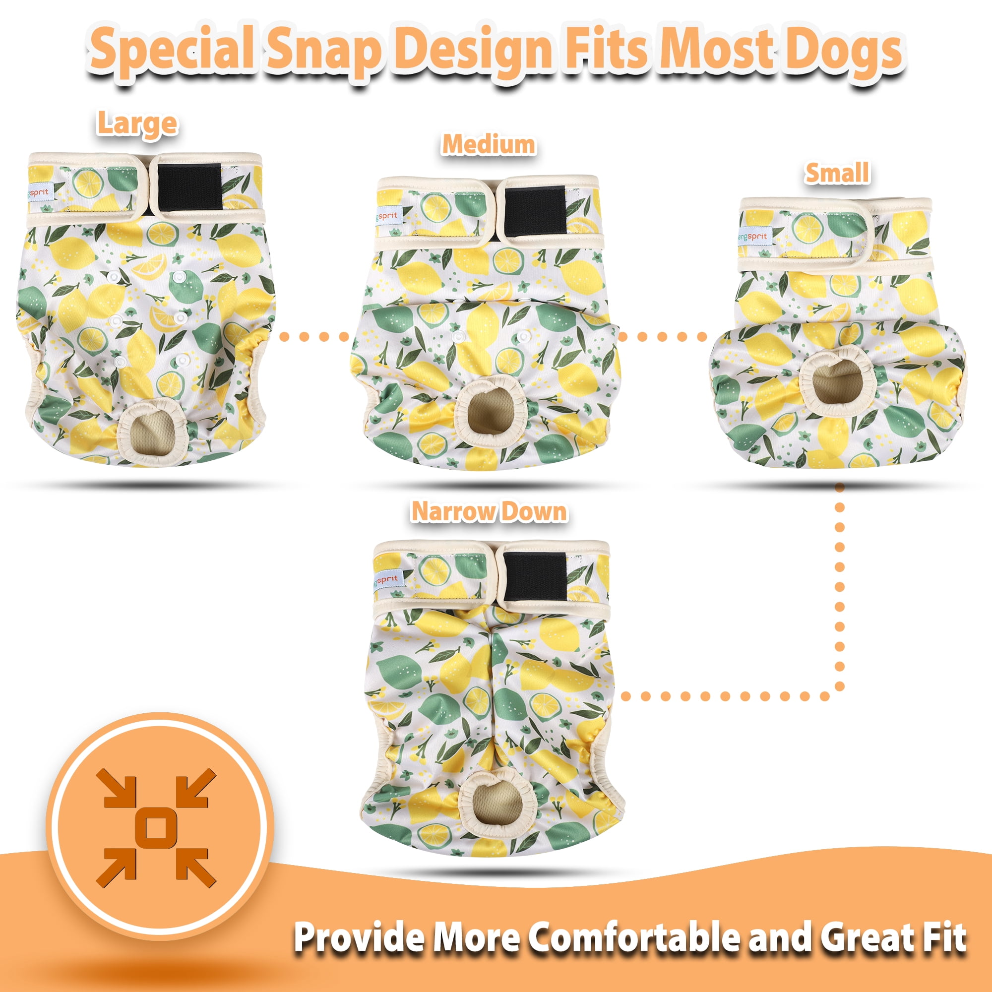 Langsprit Washable Female Dog Diapers (5 Pack) - No Leak Reusable Diapers for Doggy Female in Period - Highly Absorbent Dog Heat Panties with Adjustable Snaps,Fruit,M