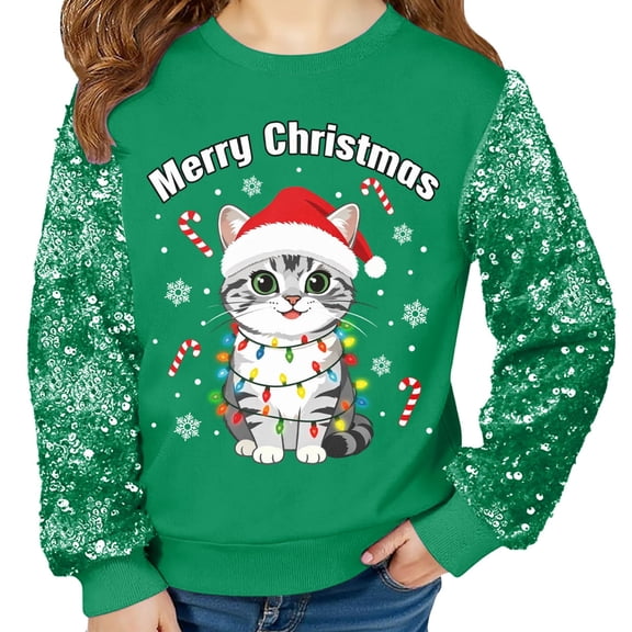 Lanbubble Girls Sequin Christmas Sweatshirt Kids Holiday Graphic Sparkly Long Sleeve Pullover Tops 5-12 Years