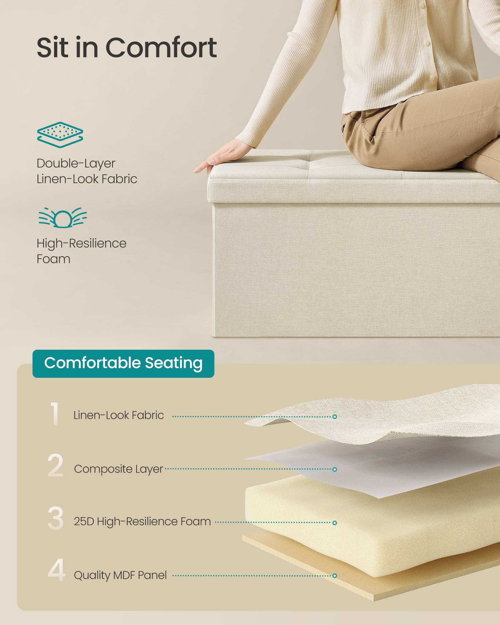 SONGMICS Storage Ottoman Bench, 15 x 43 x 15 Inches, Ottoman with Storage, End of Bed Bench, for Living Room, Bedroom, Cream White