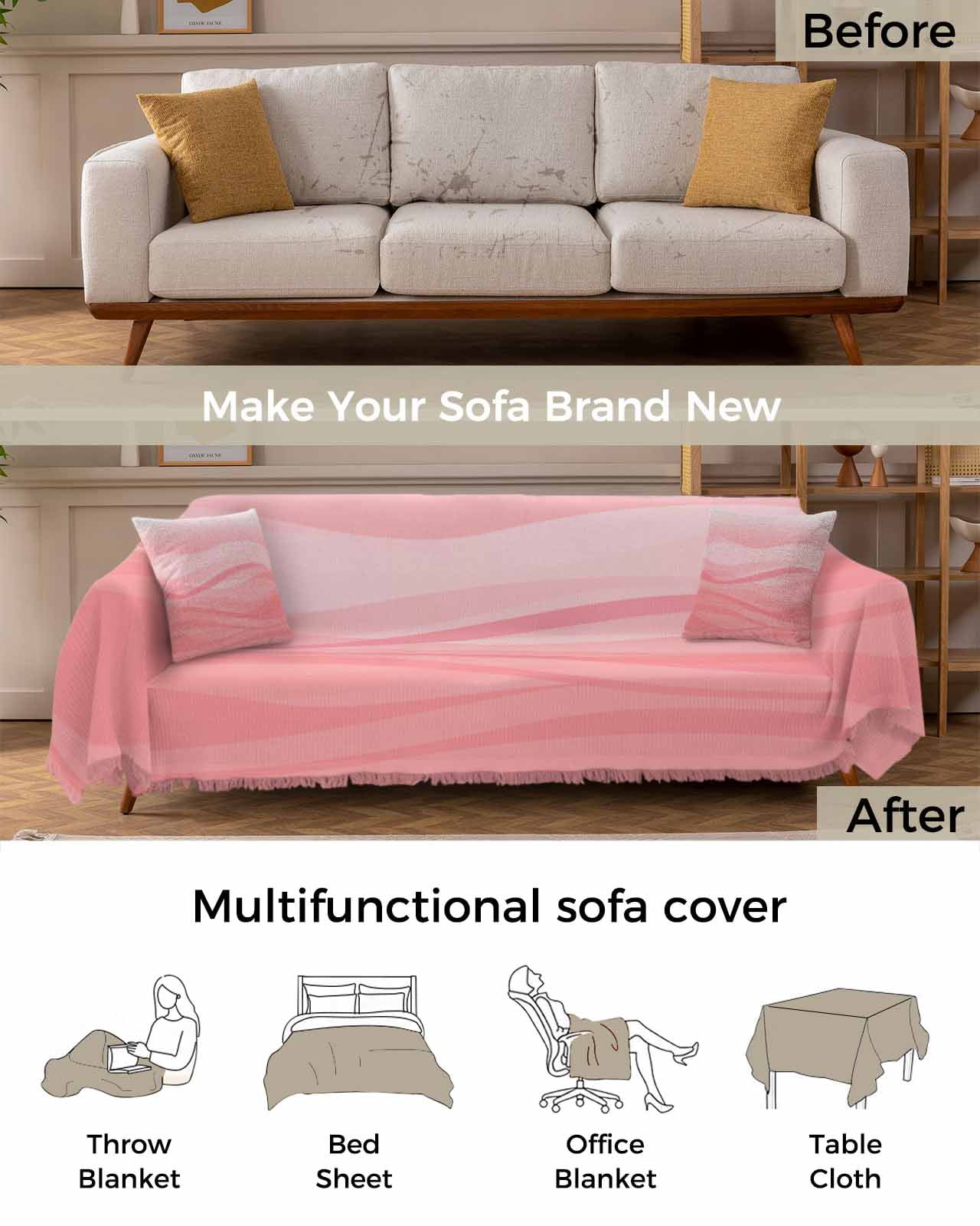 Coastal Pink Sofa Couch Covers for Dog,Washable Sectional Couch Slipcoverfor Loveseat with Tassels,Ocean Wave Gradient Abstract Modern Solid Non Slip Sofa Throw Cover Blanket Large 71''x102''