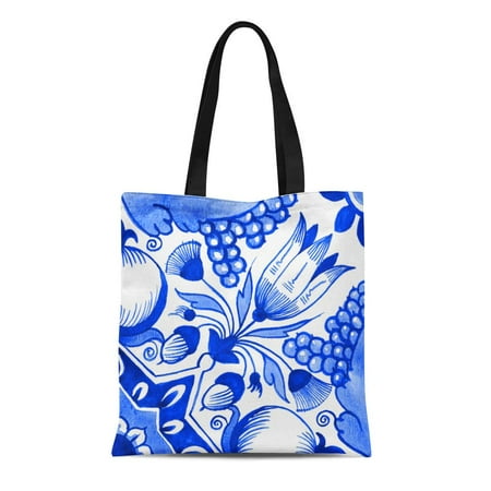 Holland Delft - SIDONKU Canvas Bag Resuable Tote Grocery Shopping Bags Delft Blue Watercolor Traditional Dutch Floral Tulips Pomegranates Grape Bunches Tote Bag