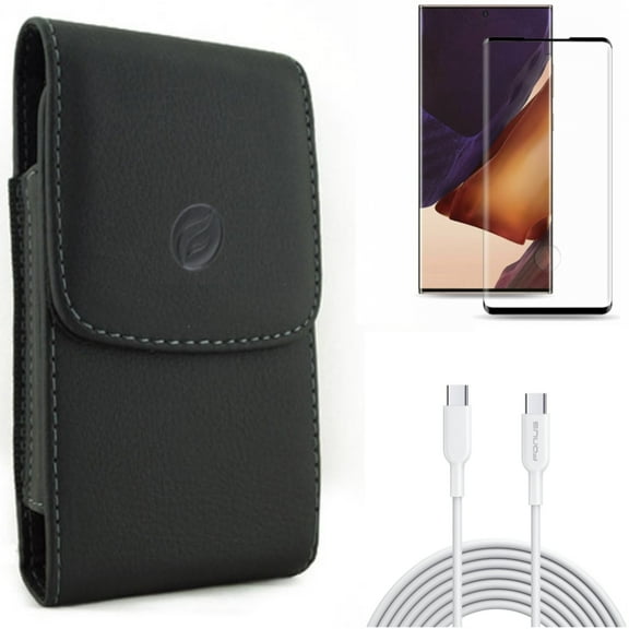10ft Long Type-C Cable & Case Belt Clip & Screen Protector for Samsung Galaxy Note 20 Ultra (6.9") - Combo with Fast Charger Cord PD & Leather Holster & Tempered Glass (Fingerprint Unlock)