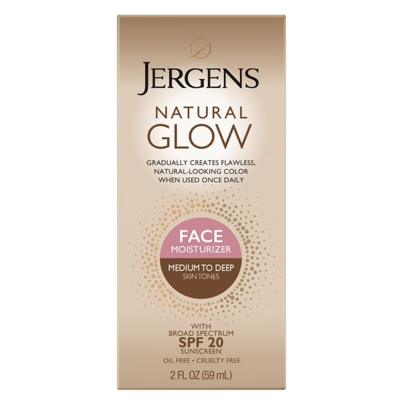 Jergens Natural Glow SPF 20 Face Moisturizer, Sunless Self Tanner, Medium to Deep Skin, 2 fl oz