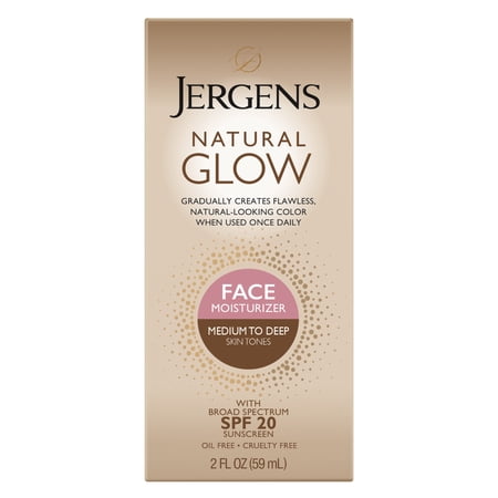 Jergens Natural Glow SPF 20 Face Moisturizer, Sunless Self Tanner, Medium to Deep Skin, 2 fl oz