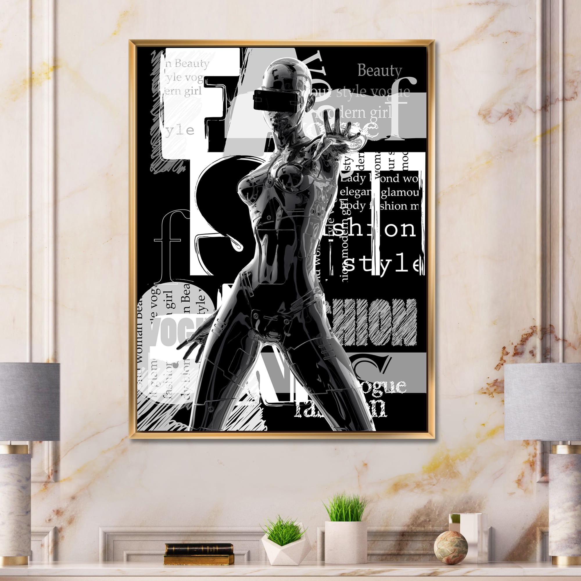 Designart 'Black and White Cyborg Body II' Modern Framed Canvas Wall Art Print