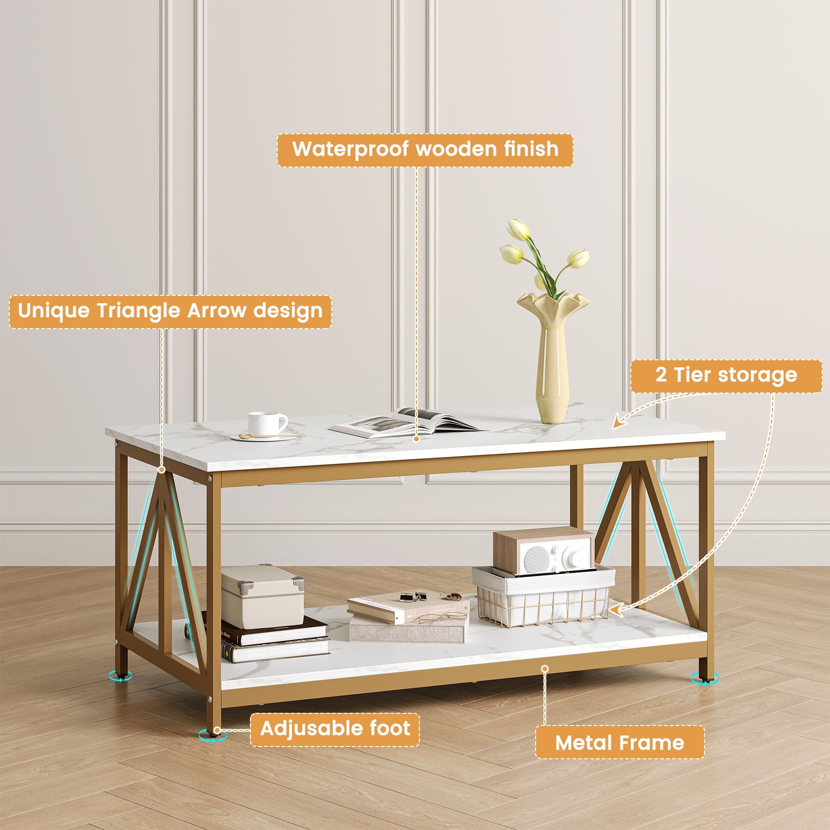 Winkalon 3-Piece Coffee Table Set with Coffee Table and 2 End Tables,Modern Living Room Table Set with Metal Frame for Apartment Home Office,White
