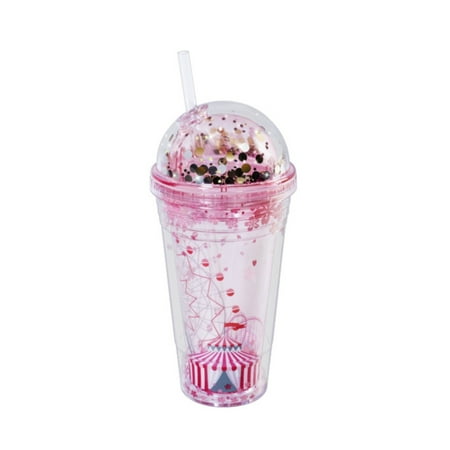 

LHWEN Cute Summer Plastic Water Cup Double Layered Transparent Insulated Cup with Lid for Women Kids Travel School Amusement Park Cherry Design Reusable