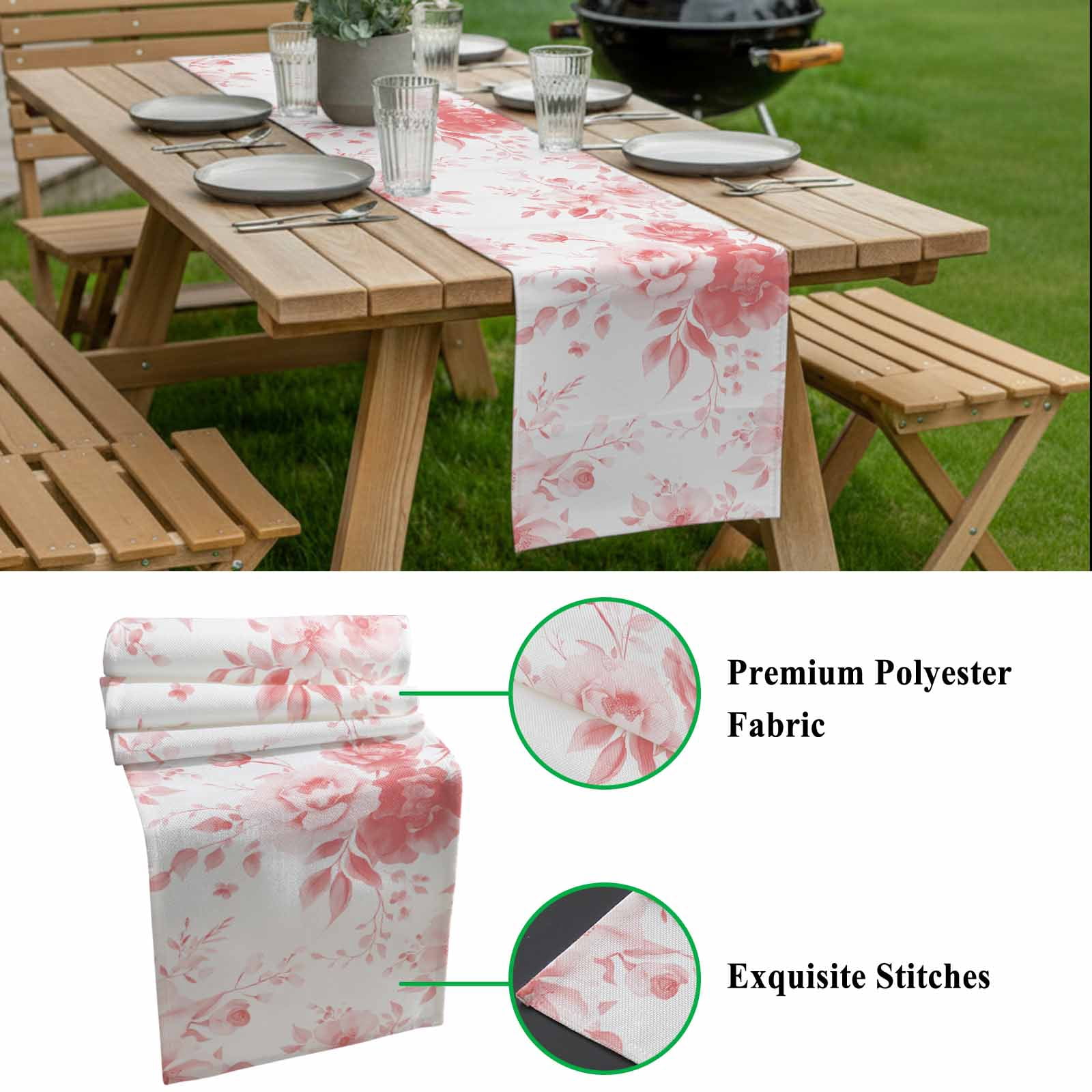 Spring Floral Cotton Linen Table Runner Classic Pink Gradient Flowers Dining Table Runners for Home Decor Party Dining Room Restaurant Kitchen 13" x 120"