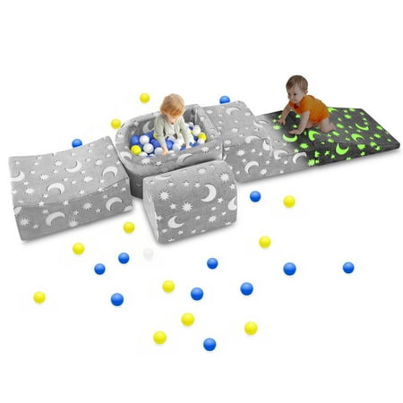 COCLUB Kids Couch 5 in 1 Modular Glow in the Dark Toddler Climbing Couch for Siting and Sleeping, for Bedroom and Playroom Grey (No Balls)