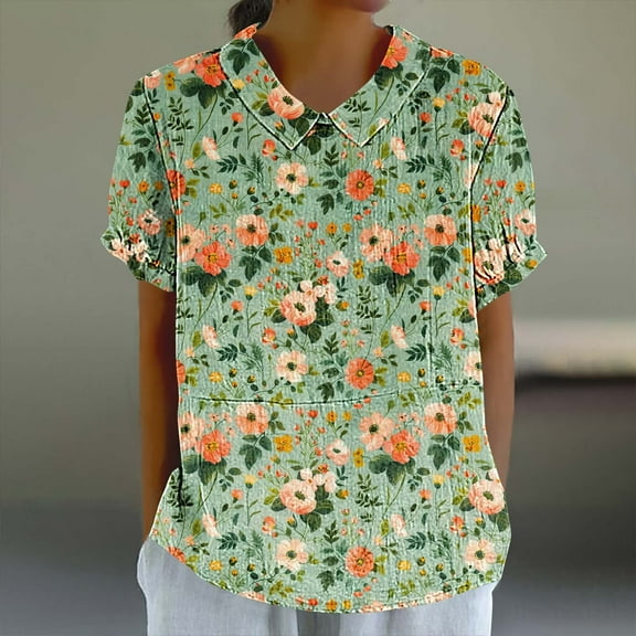 Blczomt Floral Womens Plus Size Tops Summer Peasant Shirt Loose Short Sleeve Blouses for Women Casual