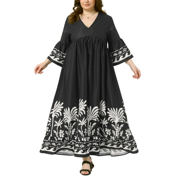 Agnes Orinda Women's Plus Size Floral Dress V Neck 3/4 Flare Sleeve Tiered Elegant A Line Maxi Dresses 1X Black